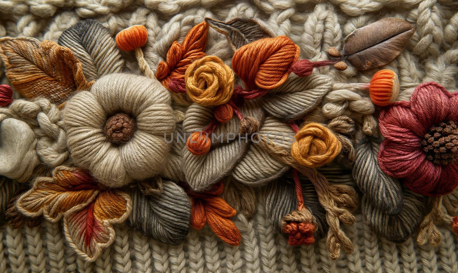 Abstract knitted background, autumn knitted leaves close-up. Selective soft focus.