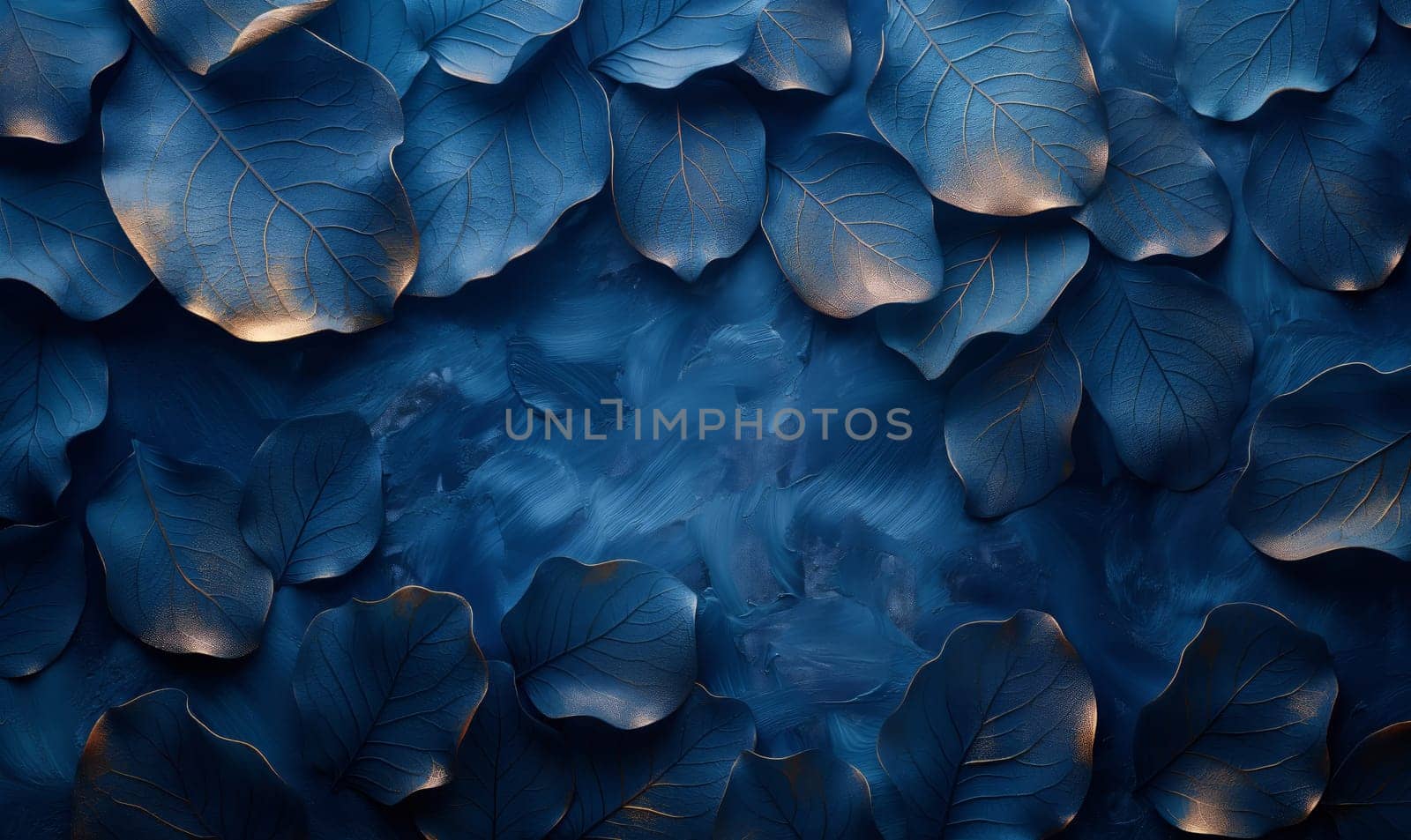 Blue texture background with leaves full frame. by Fischeron