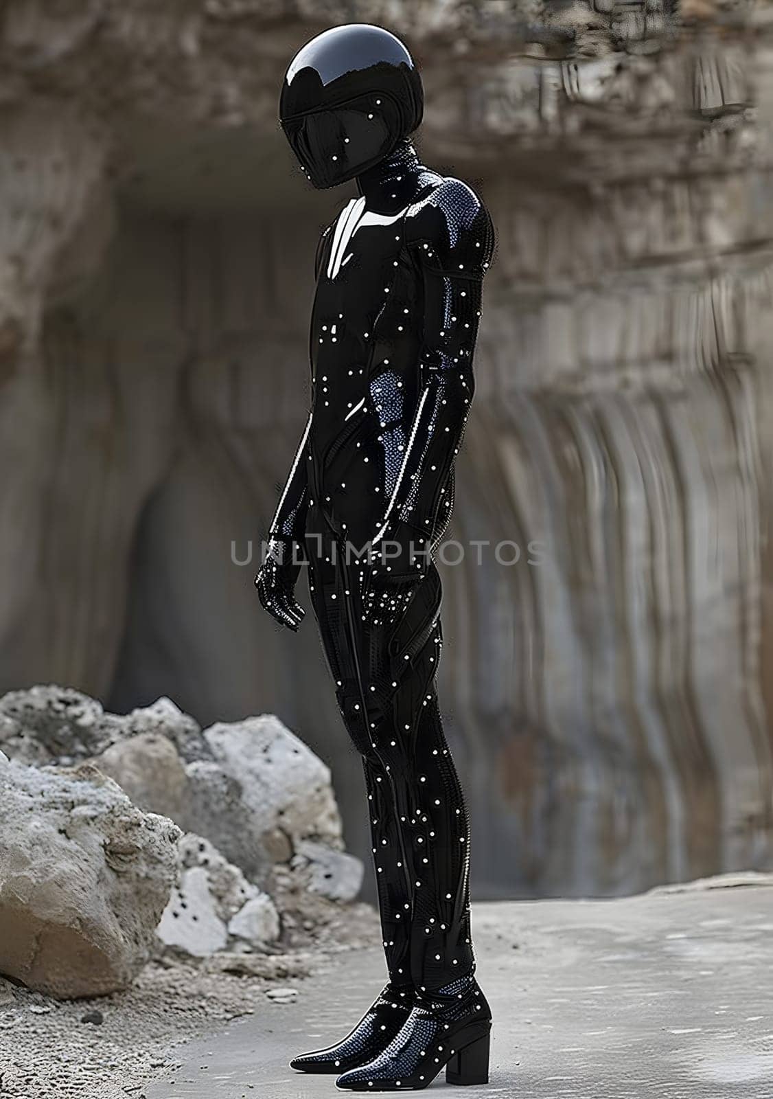 A man in black latex suit and helmet is displayed as a sculpture in front of a rock wall. The event showcases a unique mix of art and history