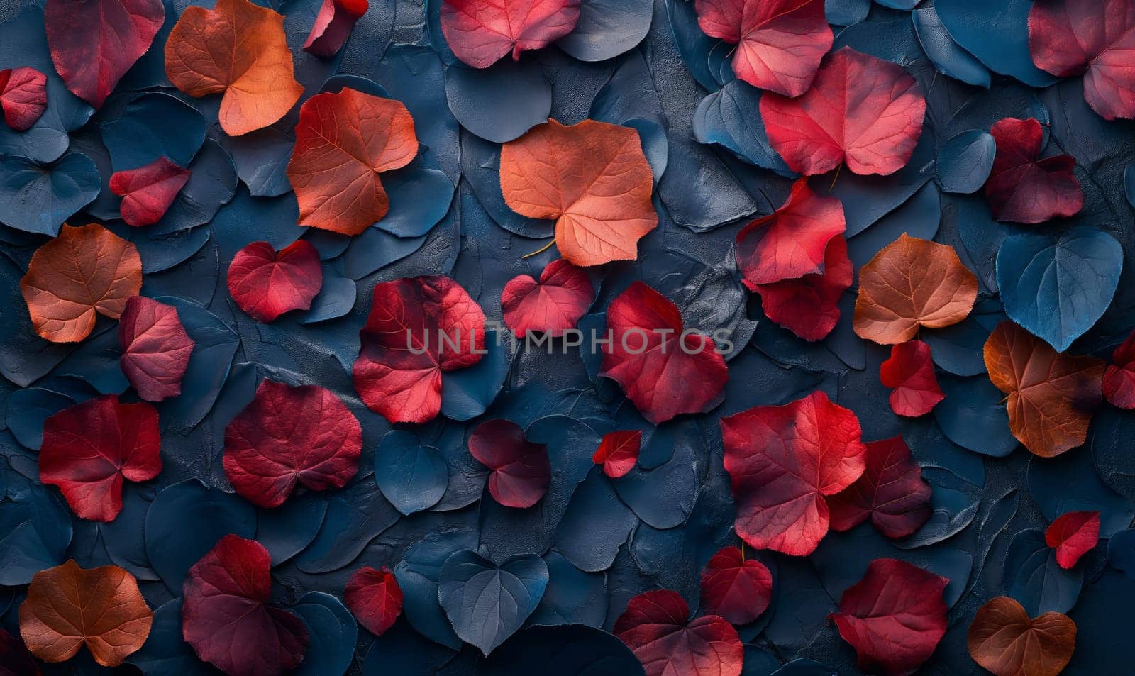 Background with blue and red leaves full frame. Selective soft focus.