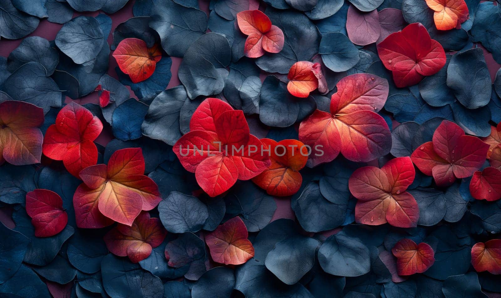 Background with blue and red leaves full frame. Selective soft focus.