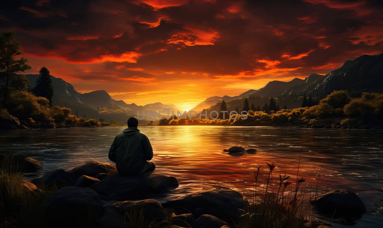 Rear view of a man on the river bank. Selective soft focus.