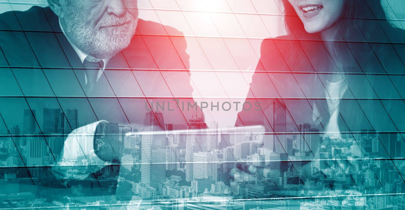 Double exposure image of faded business abstract background with office building and people conference group meeting showing partnership success of business deal. uds