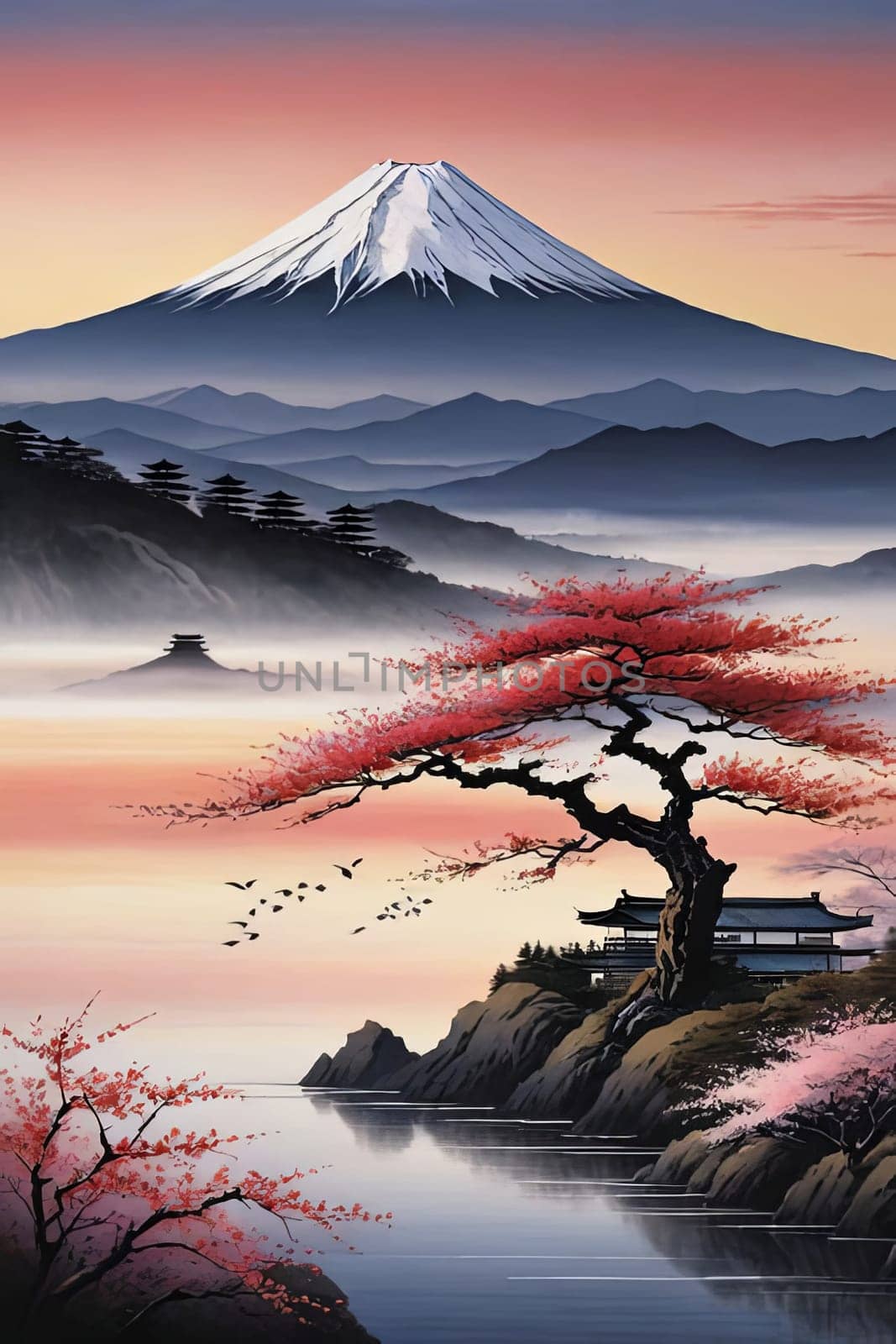 Majestic Mount Fuji, Japans iconic peak, bathed in warm hues of breathtaking sunset. Tranquil beauty of scene is accentuated by blending colors of sky. For art, creative projects, fashion, magazines