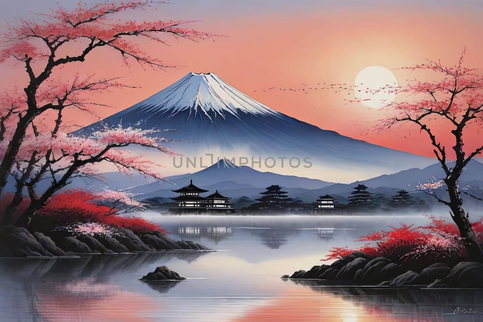 Majestic Mount Fuji, Japans iconic peak, bathed in warm hues of breathtaking sunset. Tranquil beauty of scene is accentuated by blending colors of sky. For art, creative projects, fashion, magazines