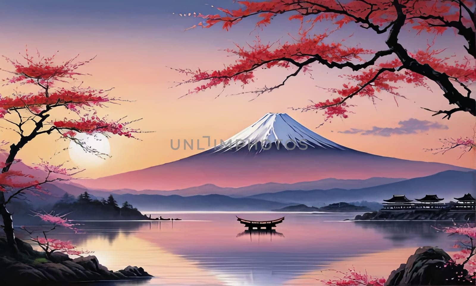Serene, peaceful, japanese scene of lake with boat in background. Concept of calm, tranquility, as if one were to take break from hustle. For interior, commercial spaces to create stylish atmosphere