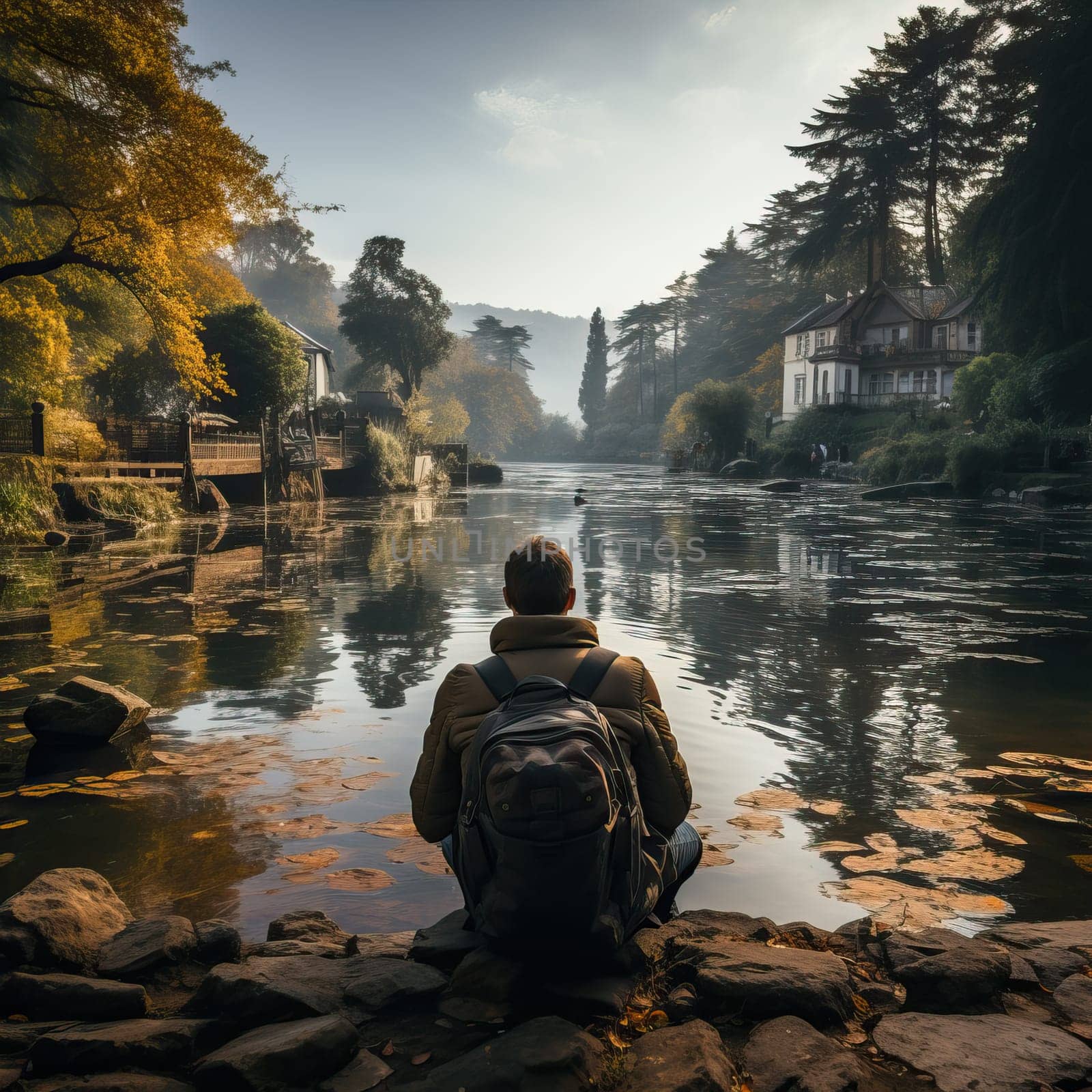 Rear view of a man on the river bank. Selective soft focus.