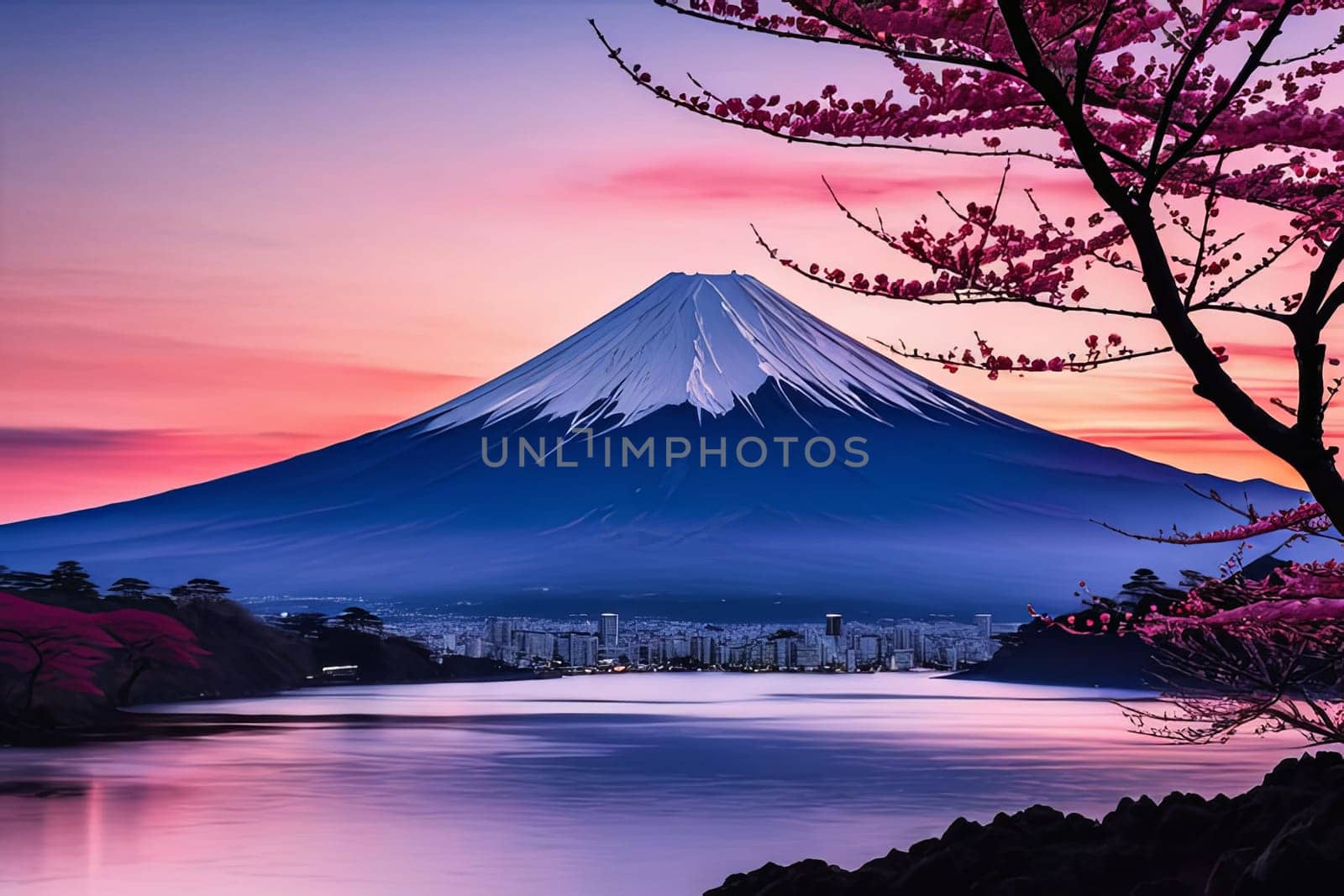 Majestic Mount Fuji, Japans iconic peak, bathed in warm hues of breathtaking sunset. Tranquil beauty of scene is accentuated by blending colors of sky. For art, creative projects, fashion, magazines