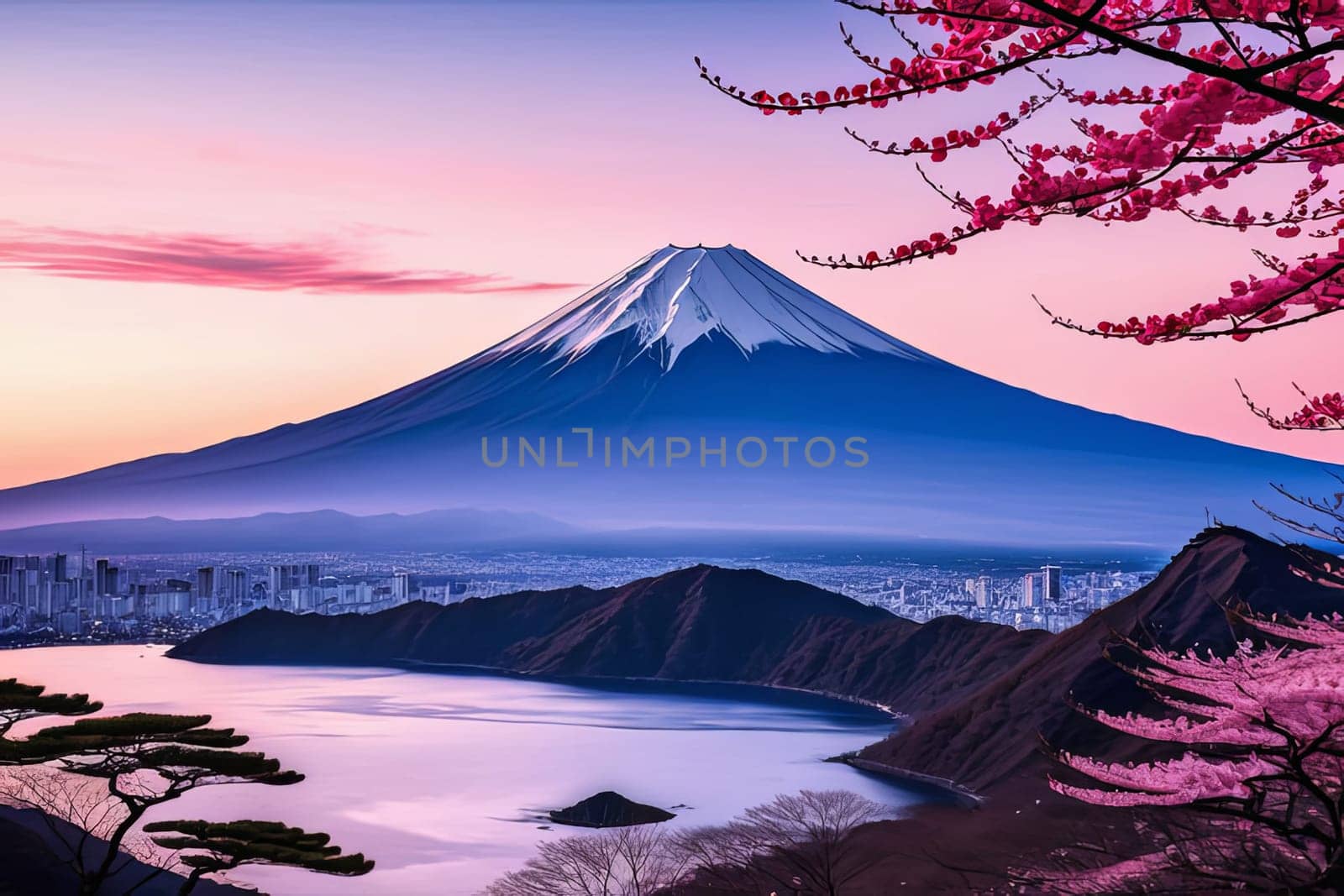 Majestic Mount Fuji, Japans iconic peak, bathed in warm hues of breathtaking sunset. Tranquil beauty of scene is accentuated by blending colors of sky. For art, creative projects, fashion, magazines