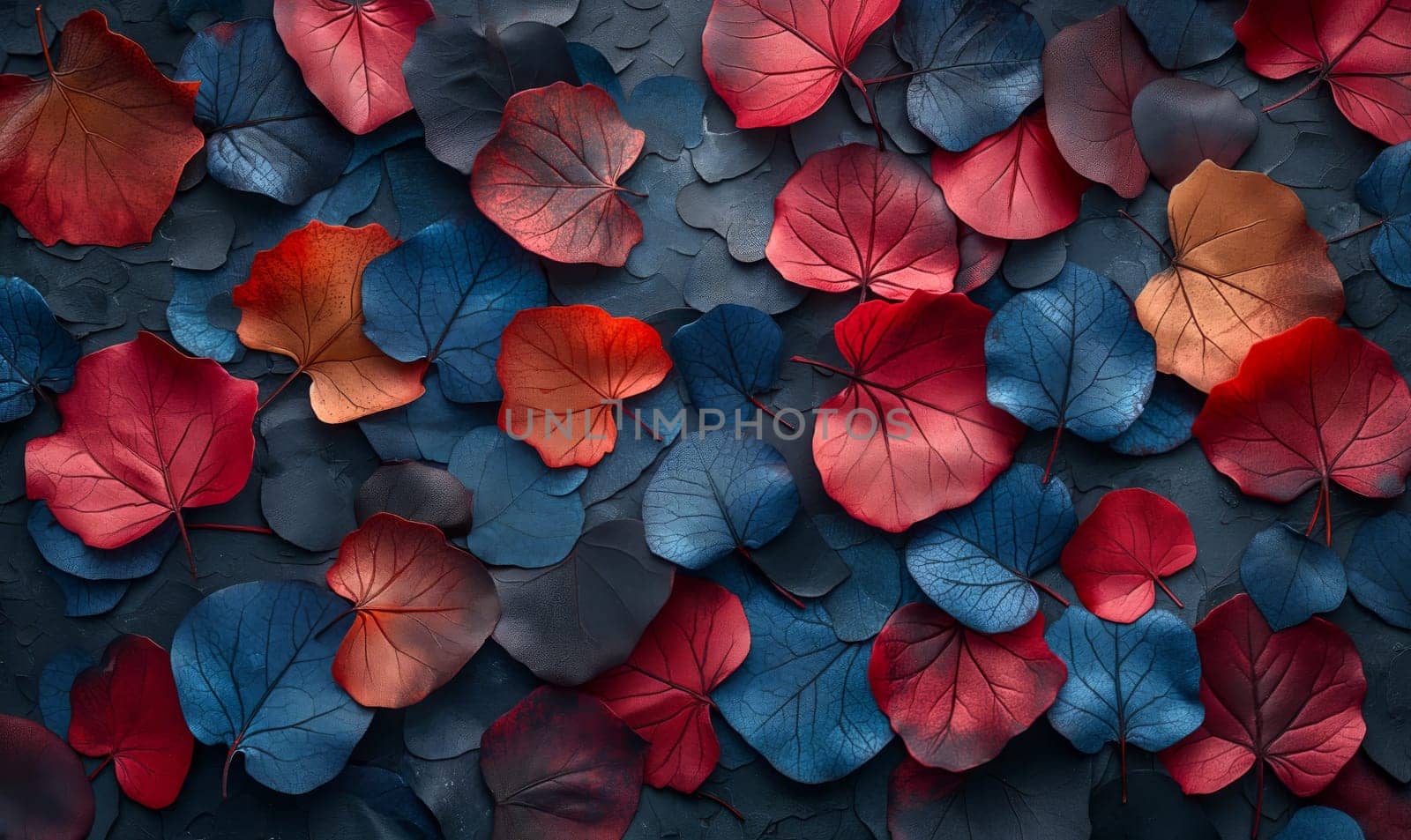 Background with blue and red leaves full frame. Selective soft focus.