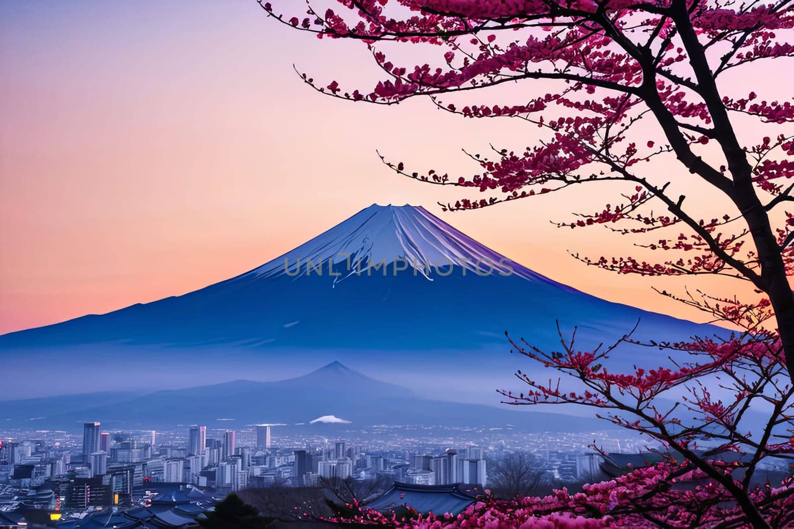 Majestic Mount Fuji in foreground, complemented by delicate backdrop of cherry blossoms in full bloom, tranquility of Japans iconic landscapes. For art, creative projects, fashion, style, magazines