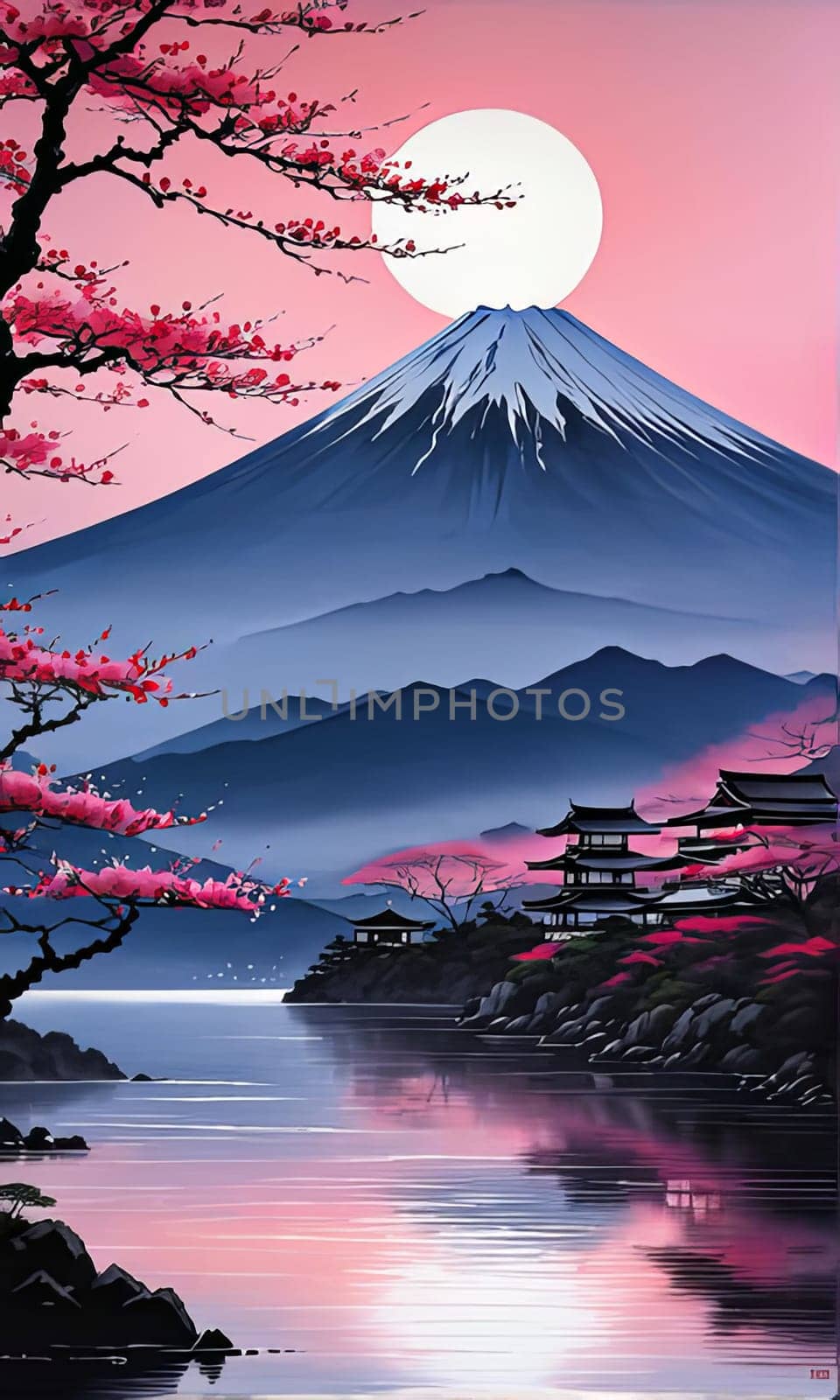 Beauty of cherry blossoms in full bloom reflected on tranquil surface of lake, creating peaceful harmonious scene. For art, creative projects, fashion, style, advertising campaigns, blogs, magazine
