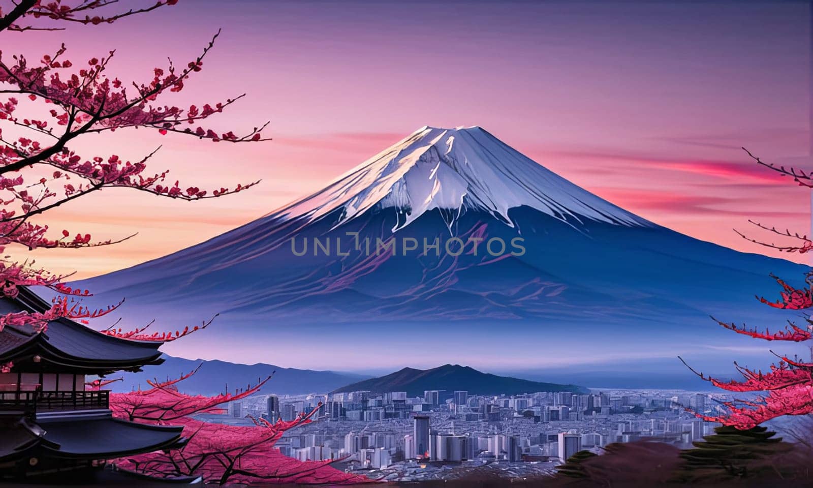 Majestic Mount Fuji in foreground, complemented by delicate backdrop of cherry blossoms in full bloom, tranquility of Japans iconic landscapes. For art, creative projects, fashion, style, magazines