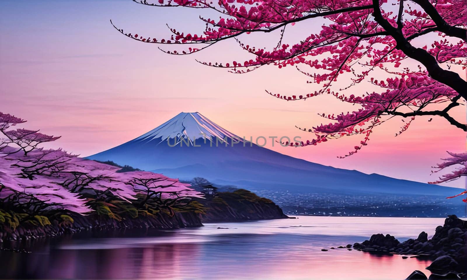 Beauty of cherry blossoms in full bloom reflected on tranquil surface of lake, creating peaceful harmonious scene. For art, creative projects, fashion, style, advertising campaigns, blogs, magazine