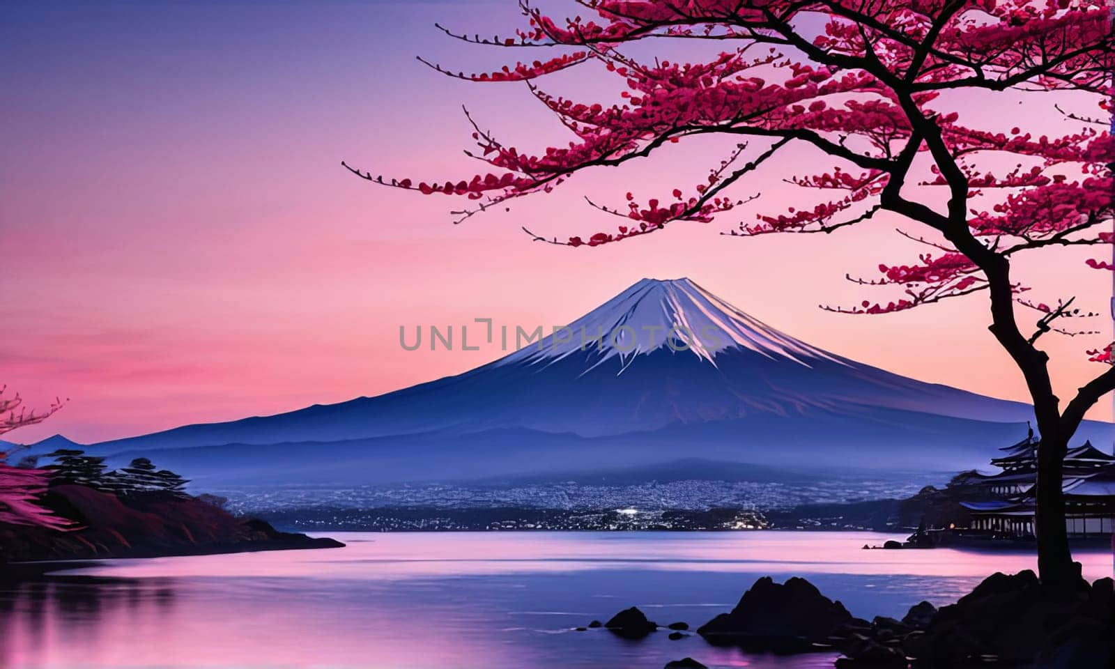 Majestic Mount Fuji in foreground, complemented by delicate backdrop of cherry blossoms in full bloom, tranquility of Japans iconic landscapes. For art, creative projects, fashion, style, magazines