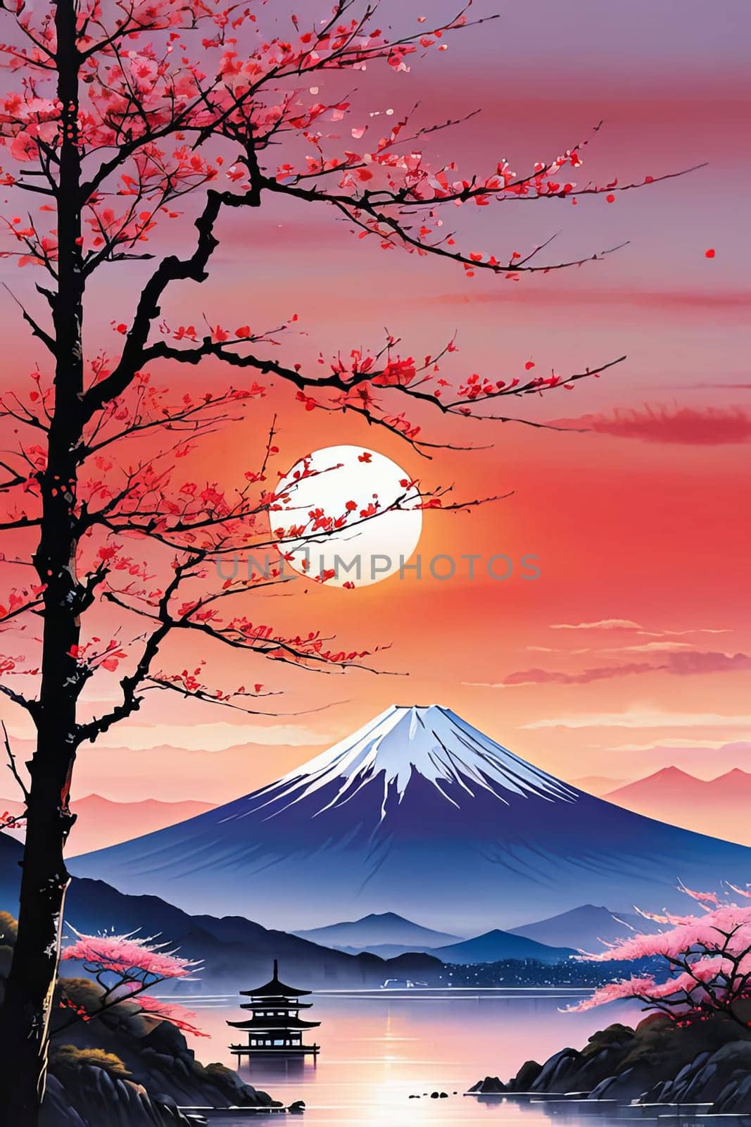 Mount Fuji majestically rising in background, framed by delicate cherry blossoms in full bloom, capturing essence of Japans natural beauty, cultural significance. For art, fashion, style, magazines