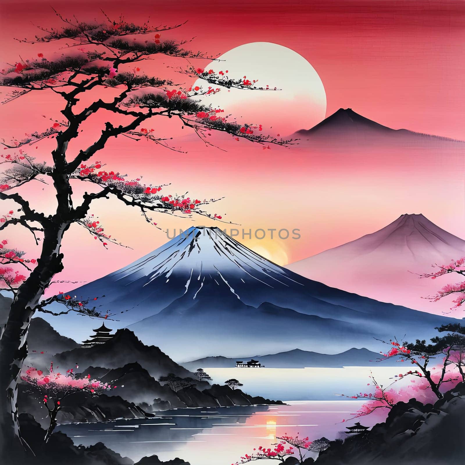 Mount Fuji majestically rising in background, framed by delicate cherry blossoms in full bloom, capturing essence of Japans natural beauty, cultural significance. For art, fashion, style, magazines