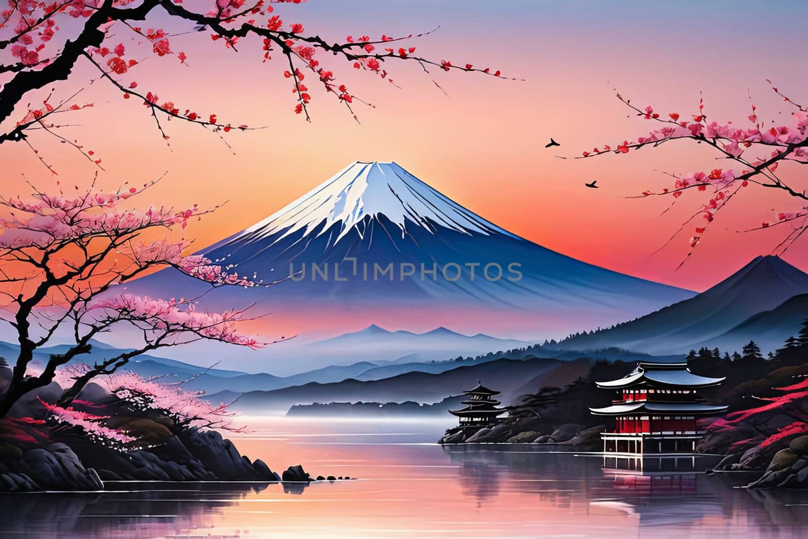 Mount Fuji majestically rising in background, framed by delicate cherry blossoms in full bloom, capturing essence of Japans natural beauty, cultural significance. For art, fashion, style, magazines