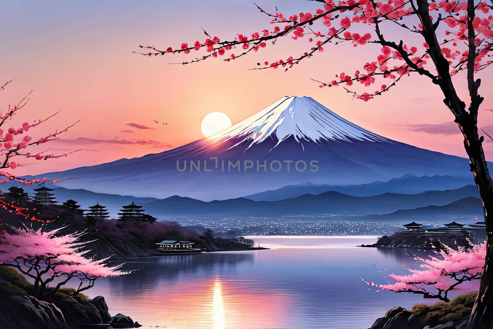 Mount Fuji majestically rising in background, framed by delicate cherry blossoms in full bloom, capturing essence of Japans natural beauty, cultural significance. For art, fashion, style, magazines