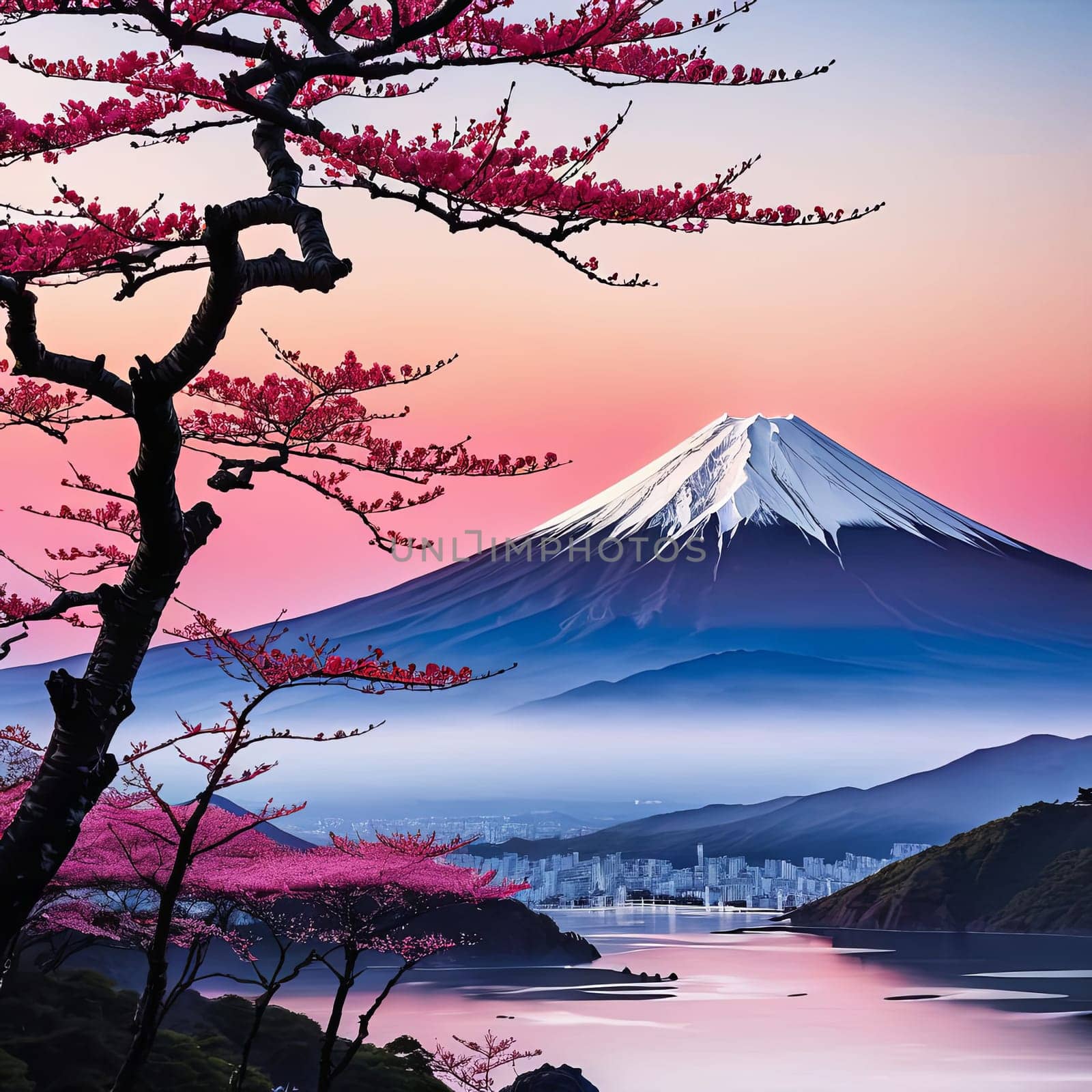 Mount Fuji majestically rising in background, framed by delicate cherry blossoms in full bloom, capturing essence of Japans natural beauty, cultural significance. For art, fashion, style, magazines