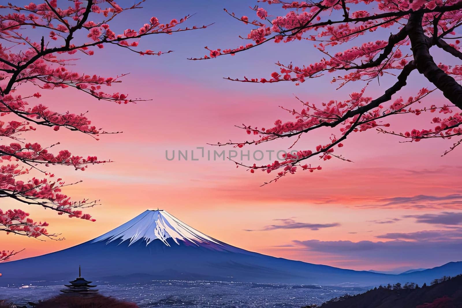 Mount Fuji at sunset, capturing majestic silhouette of mountain against vibrant, colorful sky as sun dips below horizon, creating tranquil scene. For art, creative projects, fashion, style, magazines