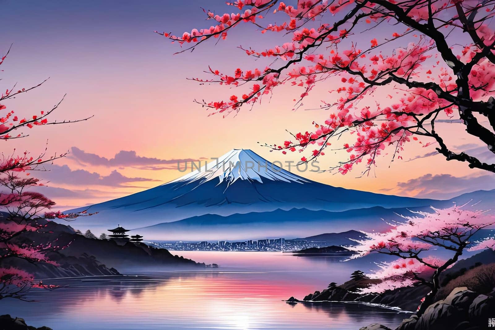 Japanese landscape adorned with delicate cherry blossoms, capturing essence of spring in Japan. For art, creative projects, fashion, style, blogs, social media, web design, print, magazine, banner