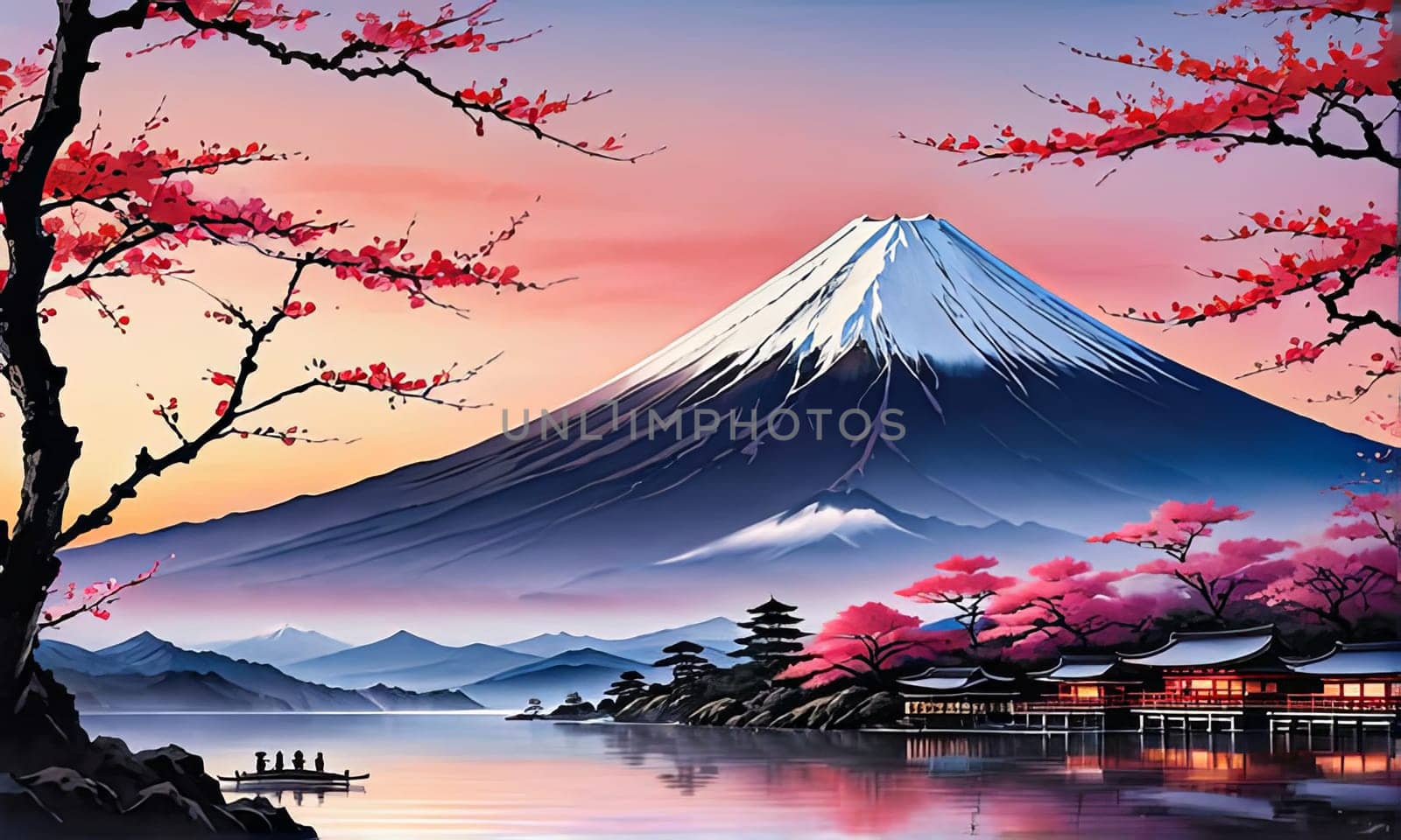 Beauty of cherry blossoms in full bloom reflected on tranquil surface of lake, creating peaceful harmonious scene. For art, creative projects, fashion, style, advertising campaigns, blogs, magazine