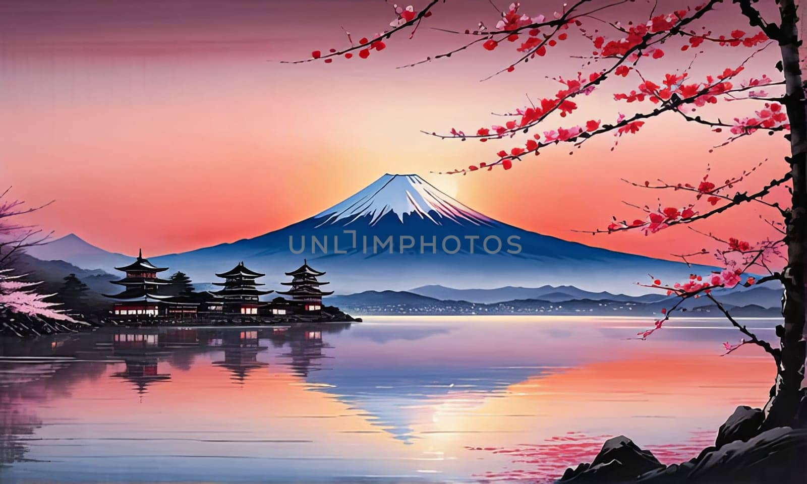 Mount Fuji at sunset, capturing majestic silhouette of mountain against vibrant, colorful sky as sun dips below horizon, creating tranquil scene. For art, creative projects, fashion, style, magazines