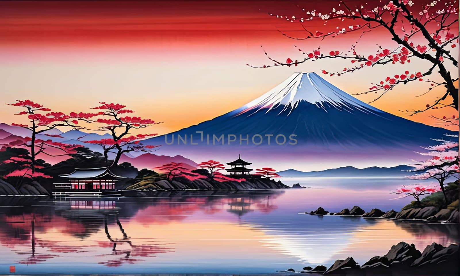 Mount Fuji at sunset, capturing majestic silhouette of mountain against vibrant, colorful sky as sun dips below horizon, creating tranquil scene. For art, creative projects, fashion, style, magazines