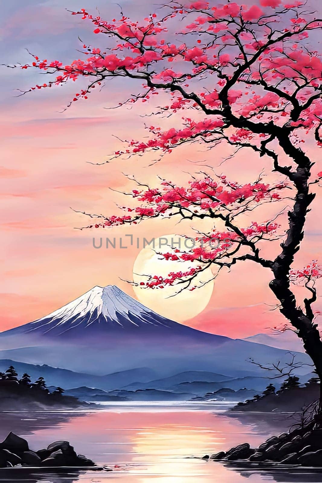 Japanese landscape adorned with delicate cherry blossoms, capturing essence of spring in Japan. For art, creative projects, fashion, style, blogs, social media, web design, print, magazine, banner