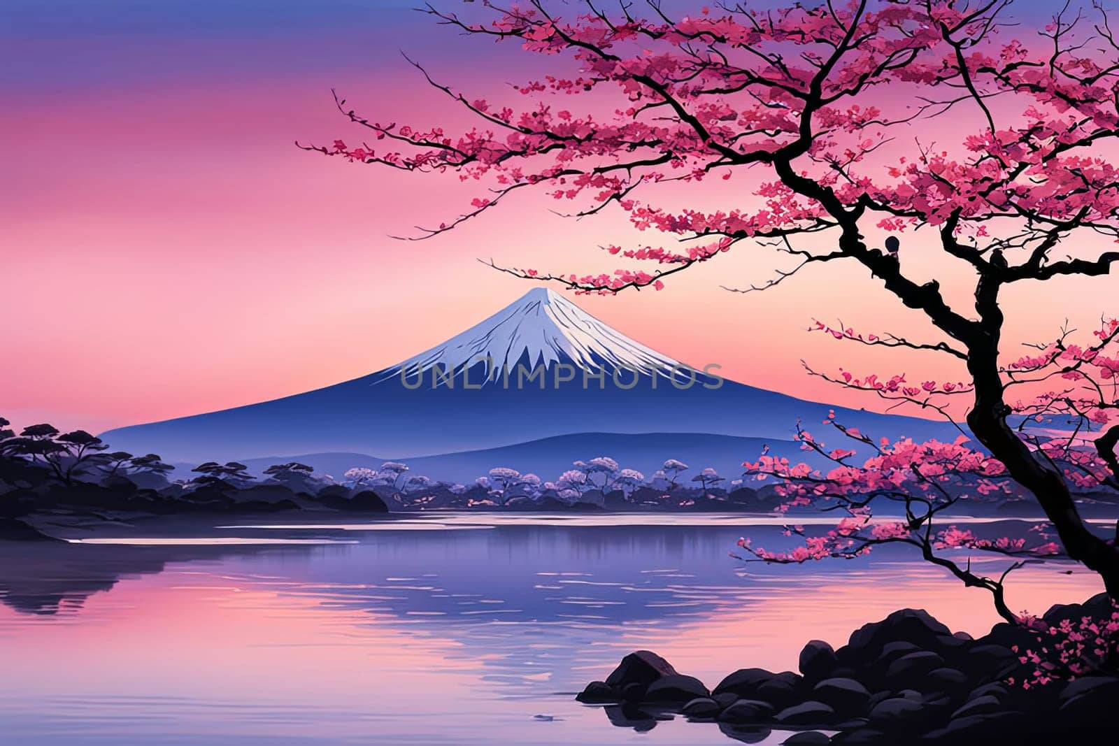 Mount Fuji at sunset, capturing majestic silhouette of mountain against vibrant, colorful sky as sun dips below horizon, creating tranquil scene. For art, creative projects, fashion, style, magazines