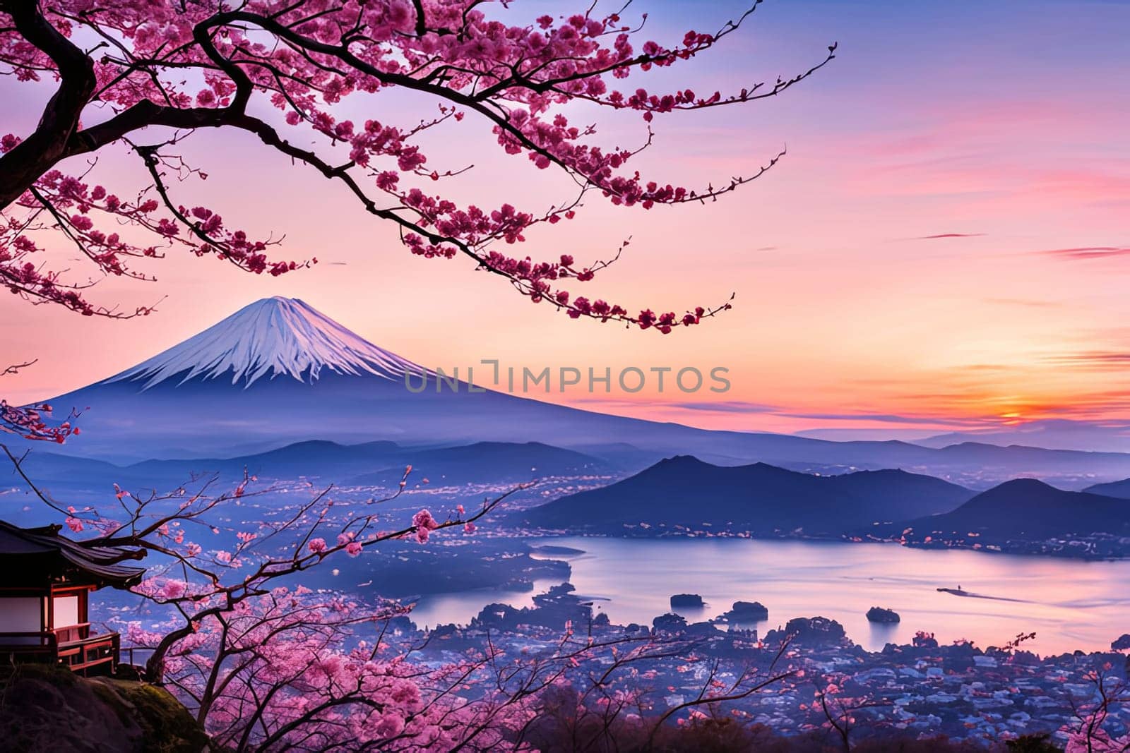 Mount Fuji at sunset, capturing majestic silhouette of mountain against vibrant, colorful sky as sun dips below horizon, creating tranquil scene. For art, creative projects, fashion, style, magazines