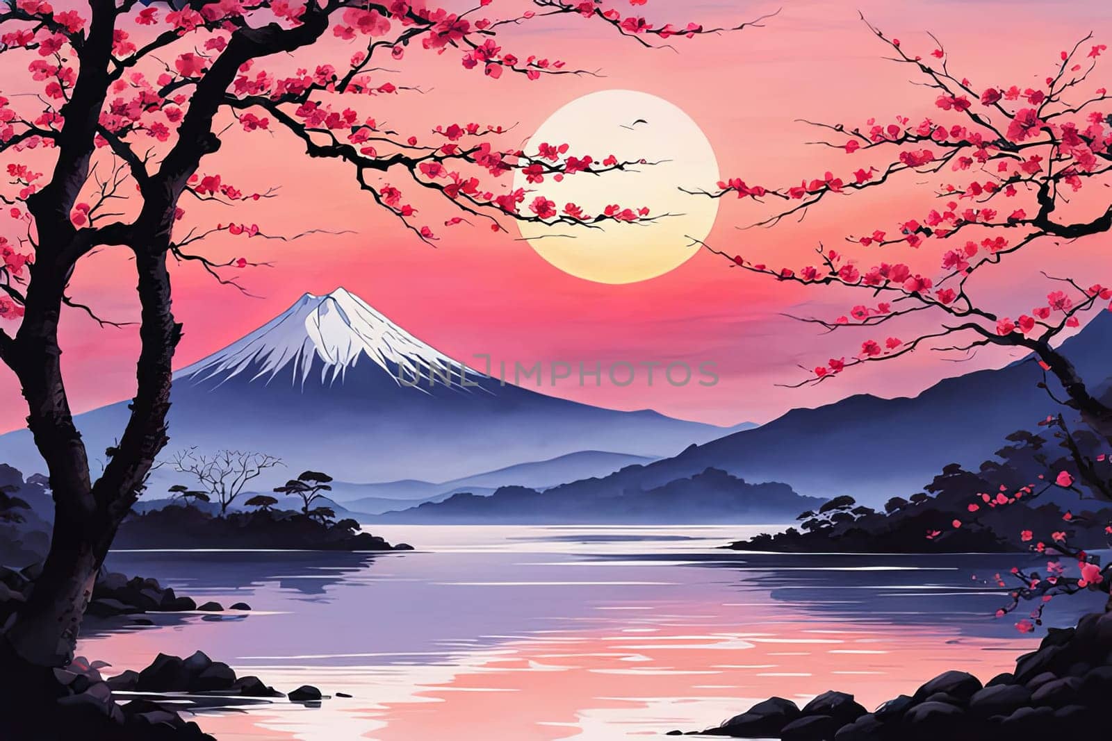 Mount Fuji at sunset, capturing majestic silhouette of mountain against vibrant, colorful sky as sun dips below horizon, creating tranquil scene. For art, creative projects, fashion, style, magazines