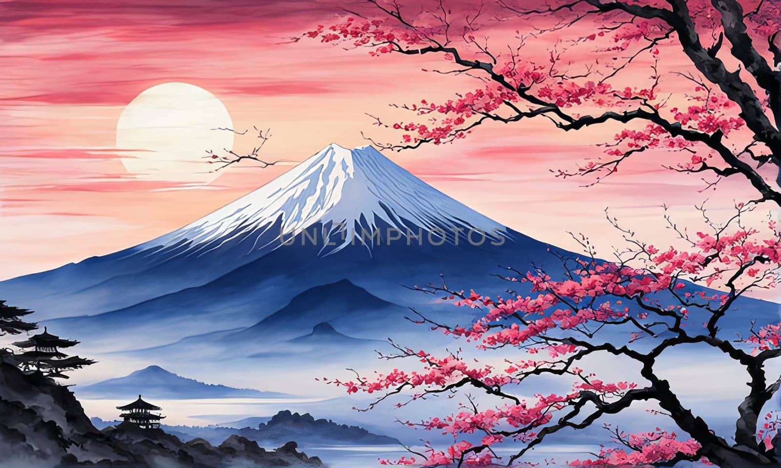 Japanese landscape adorned with delicate cherry blossoms, capturing essence of spring in Japan. For art, creative projects, fashion, style, blogs, social media, web design, print, magazine, banner