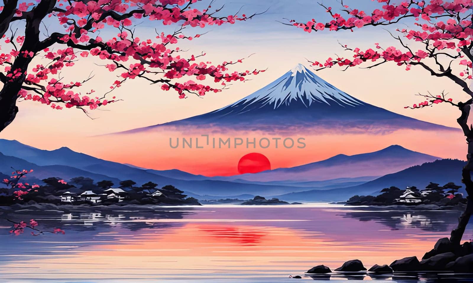 Cherry tree in full bloom with majestic Mount Fuji in background, capturing essence of traditional Japanese beauty, tranquility. For interior, commercial spaces to create stylish atmosphere, print