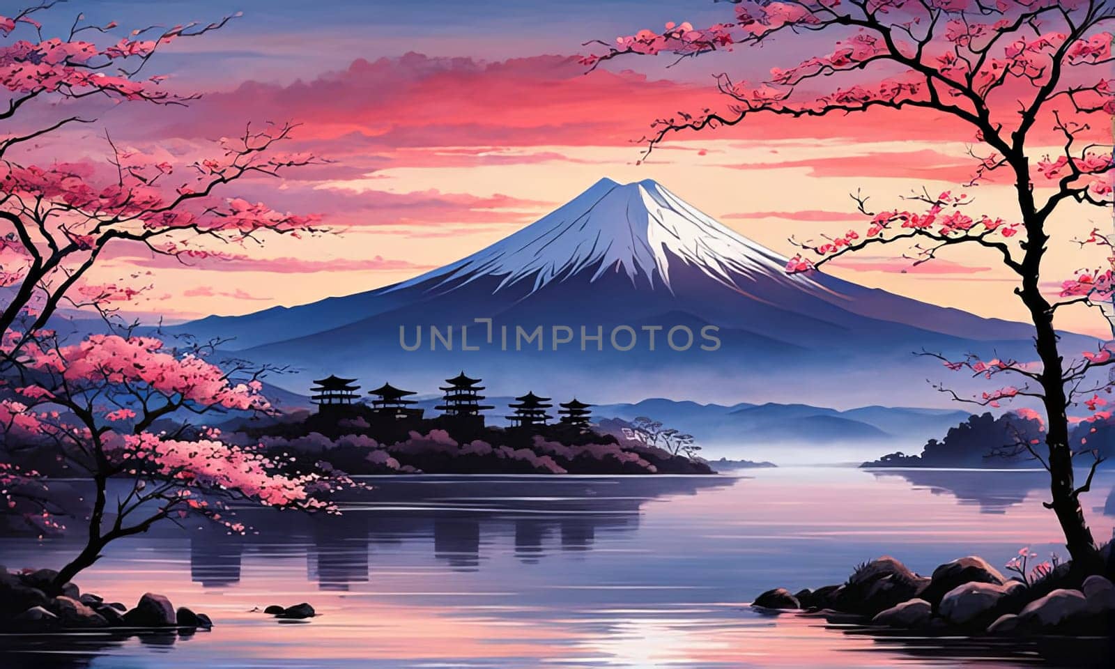 Cherry tree in full bloom with majestic Mount Fuji in background, capturing essence of traditional Japanese beauty, tranquility. For interior, commercial spaces to create stylish atmosphere, print