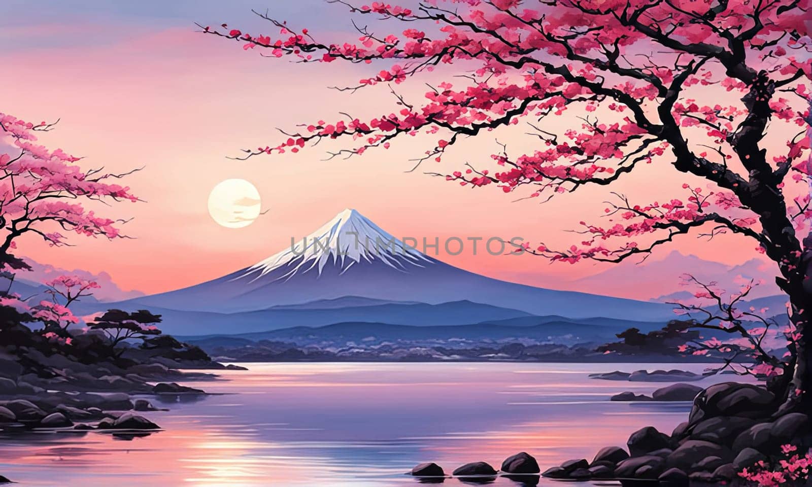 Cherry tree in full bloom with majestic Mount Fuji in background, capturing essence of traditional Japanese beauty, tranquility. For interior, commercial spaces to create stylish atmosphere, print