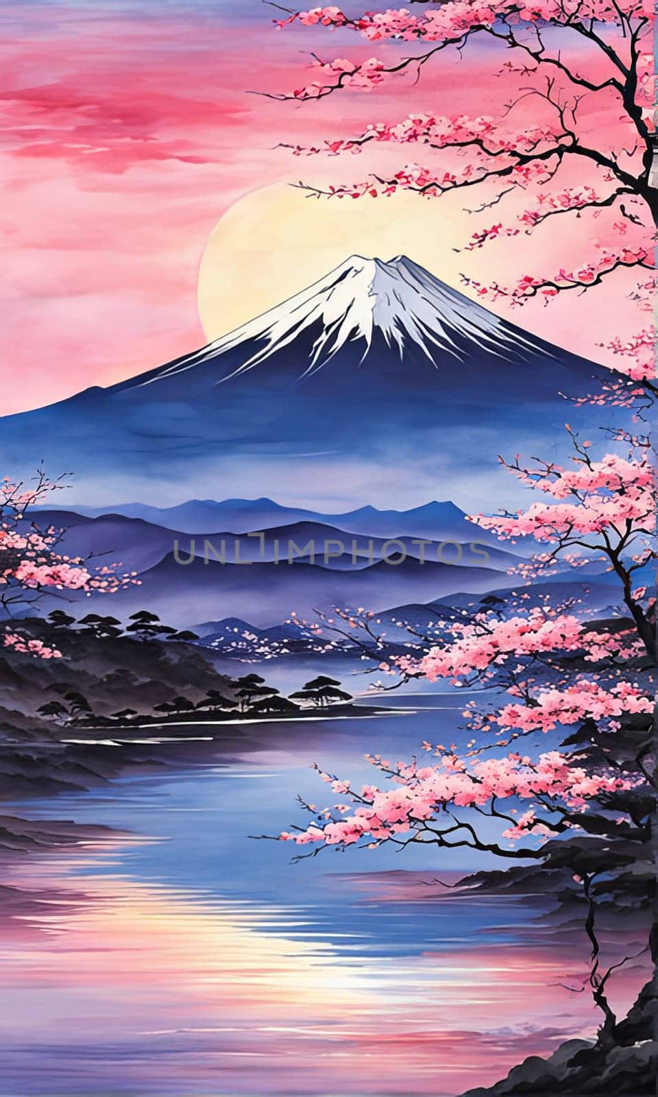 Japanese landscape adorned with delicate cherry blossoms, capturing essence of spring in Japan. For art, creative projects, fashion, style, blogs, social media, web design, print, magazine, banner