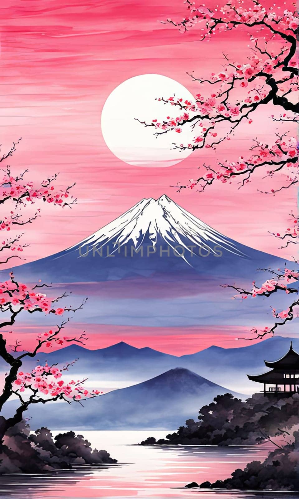 Cherry tree in full bloom with majestic Mount Fuji in background, capturing essence of traditional Japanese beauty, tranquility. For interior, commercial spaces to create stylish atmosphere, print