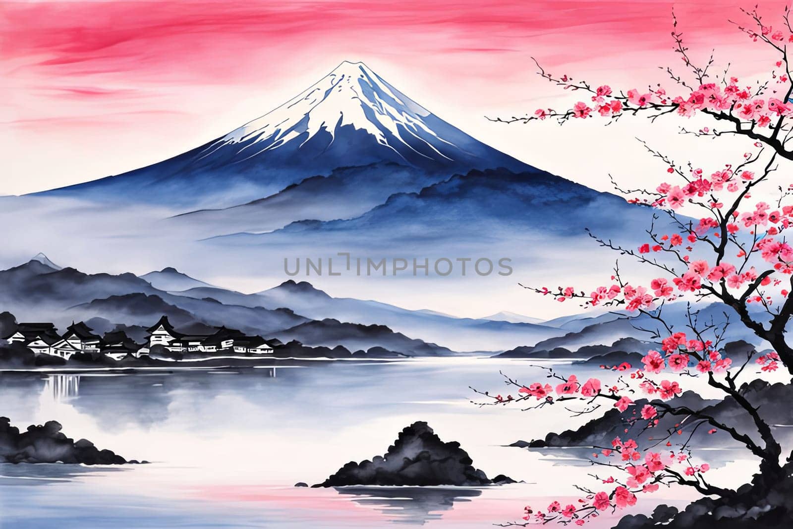 Painting of japanese Mount Fuji at sunset. For meditation apps, on covers of books about spiritual growth, in designs for yoga studios, spa salons, illustration for articles on inner peace, banner. by Angelsmoon