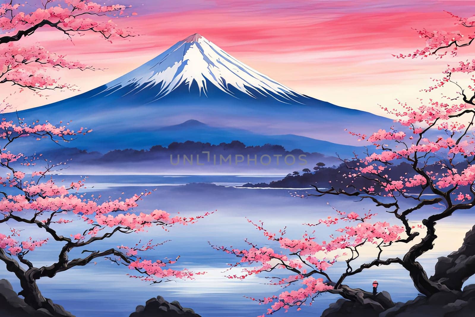 Painting of japanese Mount Fuji at sunset. For meditation apps, on covers of books about spiritual growth, in designs for yoga studios, spa salons, illustration for articles on inner peace, banner