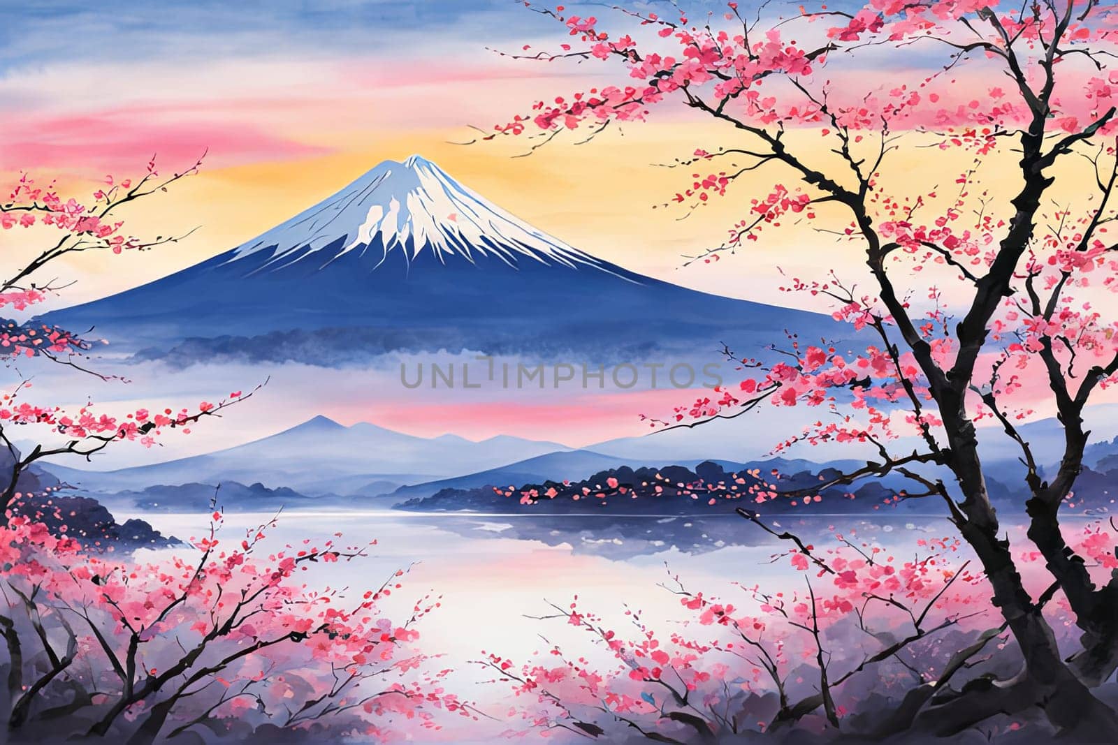 Painting of japanese Mount Fuji at sunset. For meditation apps, on covers of books about spiritual growth, in designs for yoga studios, spa salons, illustration for articles on inner peace, banner