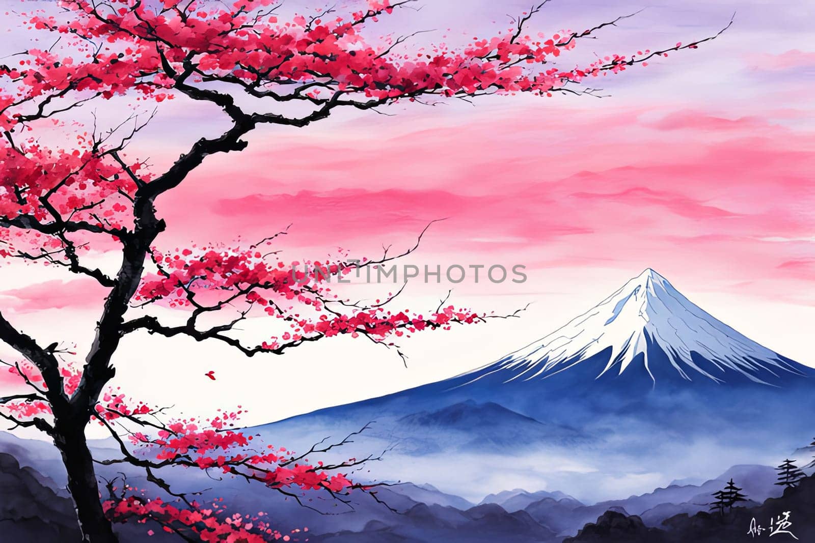 Painting of japanese Mount Fuji at sunset. For meditation apps, on covers of books about spiritual growth, in designs for yoga studios, spa salons, illustration for articles on inner peace, banner