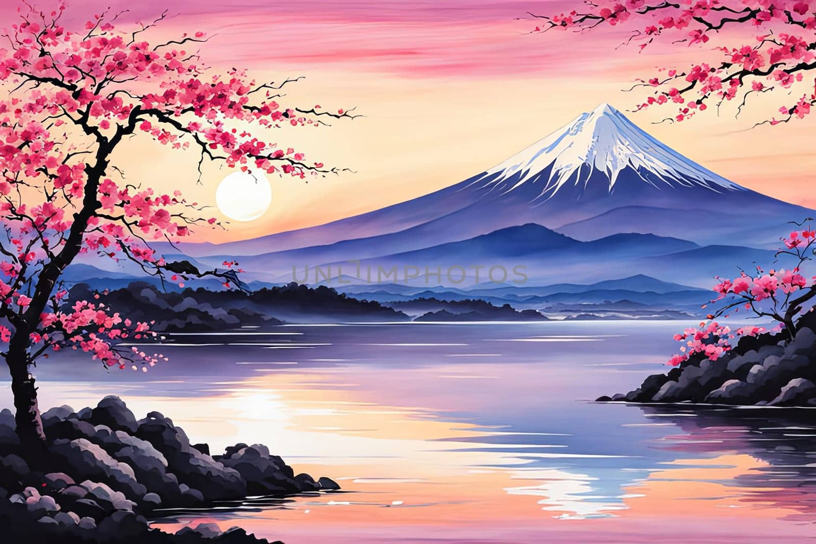 Painting of japanese Mount Fuji at sunset. For meditation apps, on covers of books about spiritual growth, in designs for yoga studios, spa salons, illustration for articles on inner peace, banner. by Angelsmoon