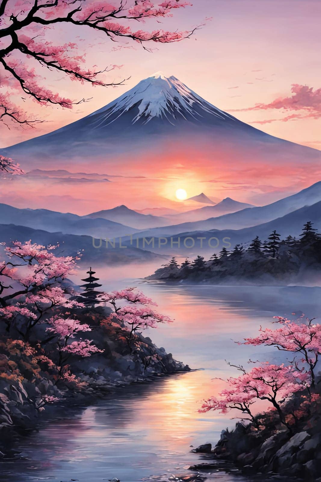 Mount Fuji range with red tree in foreground. For meditation apps, on covers of books about spiritual growth, in designs for yoga studios, spa salons, illustration for articles on inner peace, print