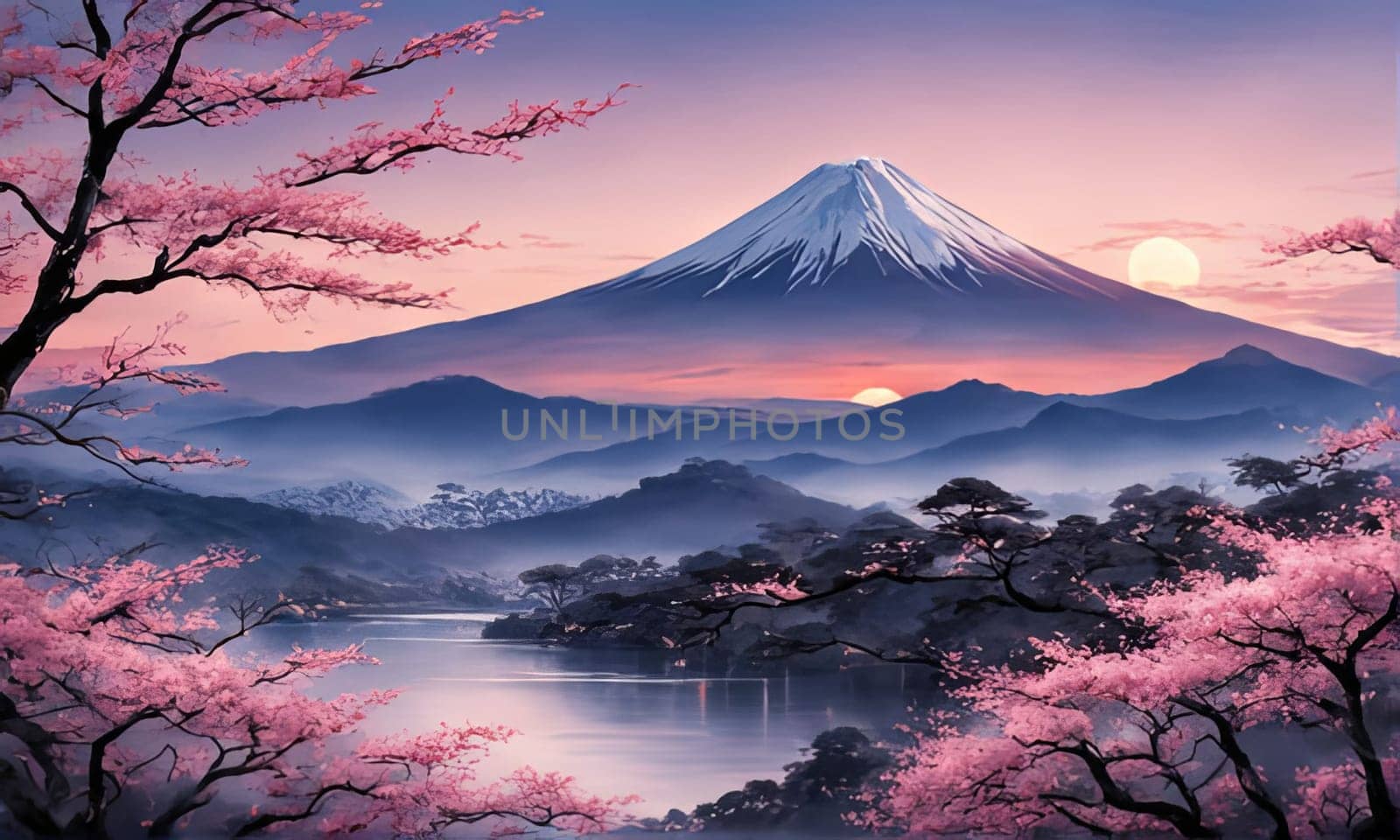 Japanese landscape adorned with delicate cherry blossoms, capturing essence of spring in Japan. For art, creative projects, fashion, style, blogs, social media, web design, print, magazine, banner