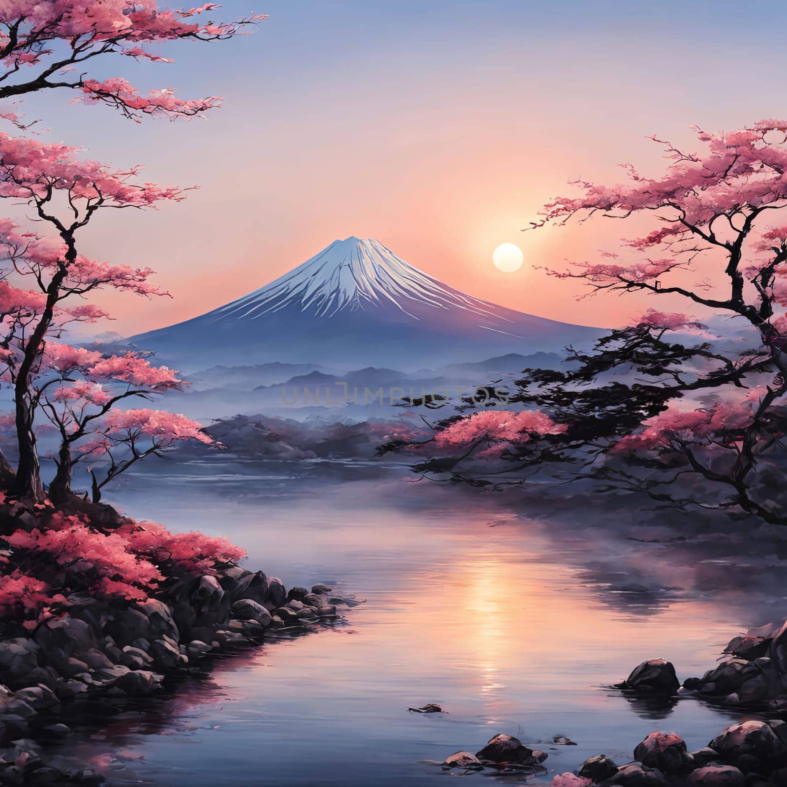 Majestic Mount Fuji, Japans iconic peak, bathed in warm hues of breathtaking sunset. Tranquil beauty of scene is accentuated by blending colors of sky. For art, creative projects, fashion, magazines. by Angelsmoon