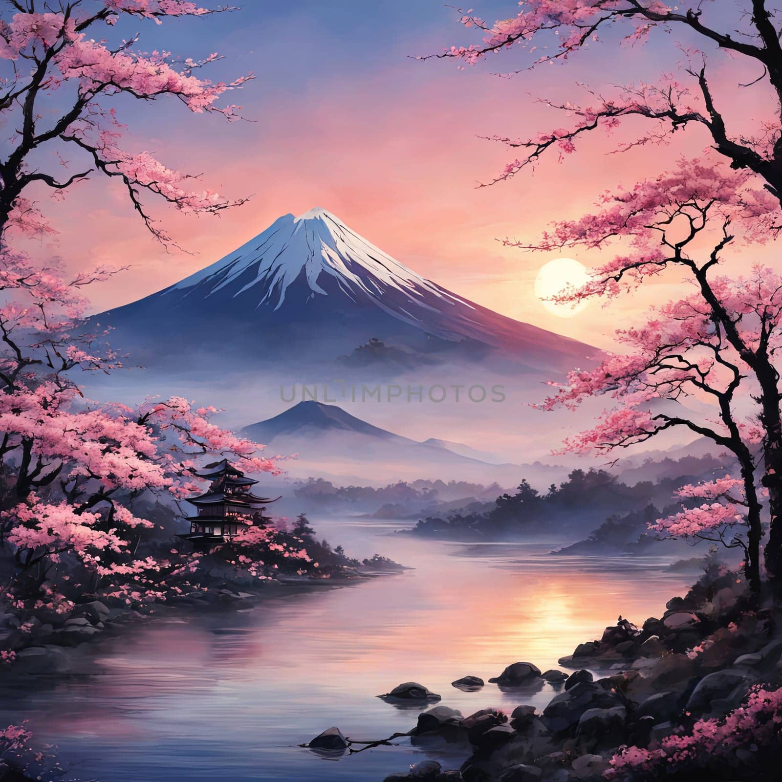 Majestic Mount Fuji, Japans iconic peak, bathed in warm hues of breathtaking sunset. Tranquil beauty of scene is accentuated by blending colors of sky. For art, creative projects, fashion, magazines