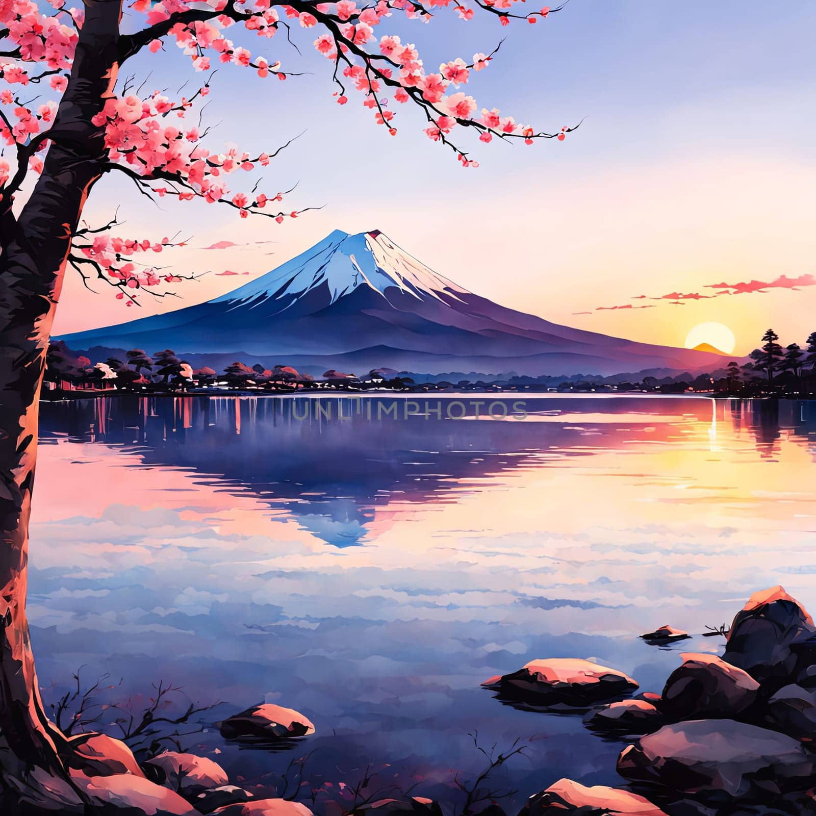 Mount Fuji majestically rising in background, framed by delicate cherry blossoms in full bloom, capturing essence of Japans natural beauty, cultural significance. For art, fashion, style, magazines. by Angelsmoon