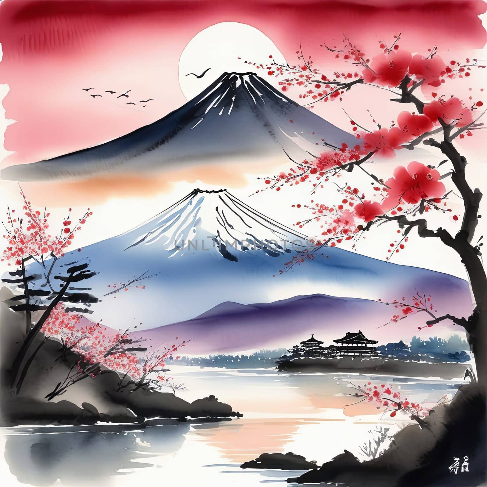 Mount Fuji majestically rising in background, framed by delicate cherry blossoms in full bloom, capturing essence of Japans natural beauty, cultural significance. For art, fashion, style, magazines. by Angelsmoon